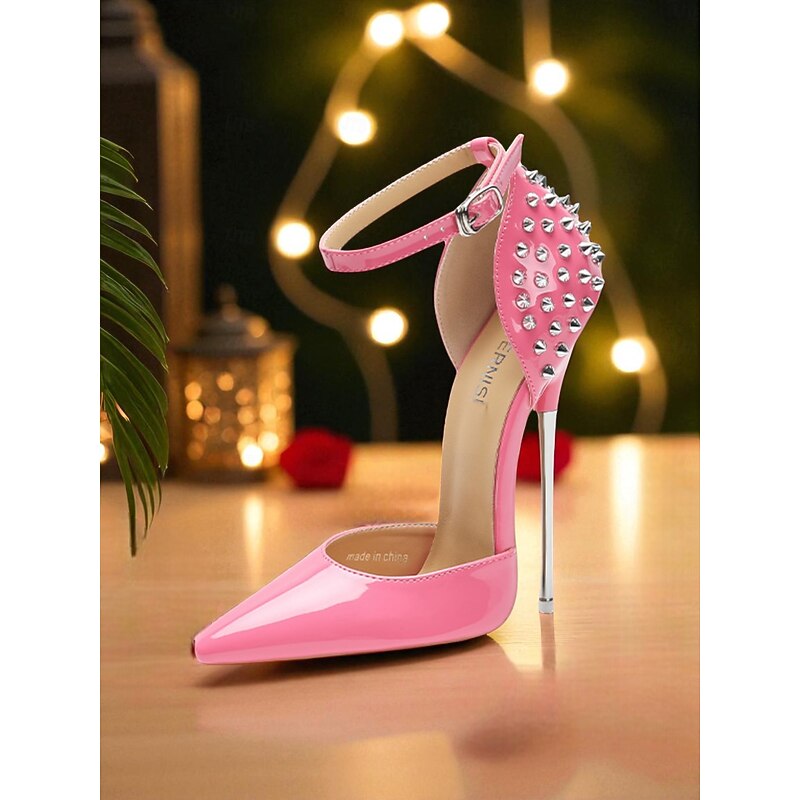 Women's Pink Patent Leather Ankle Strap Stiletto Heels with Studded Back - Sexy Pole Dance Shoes for Nightlife Party4