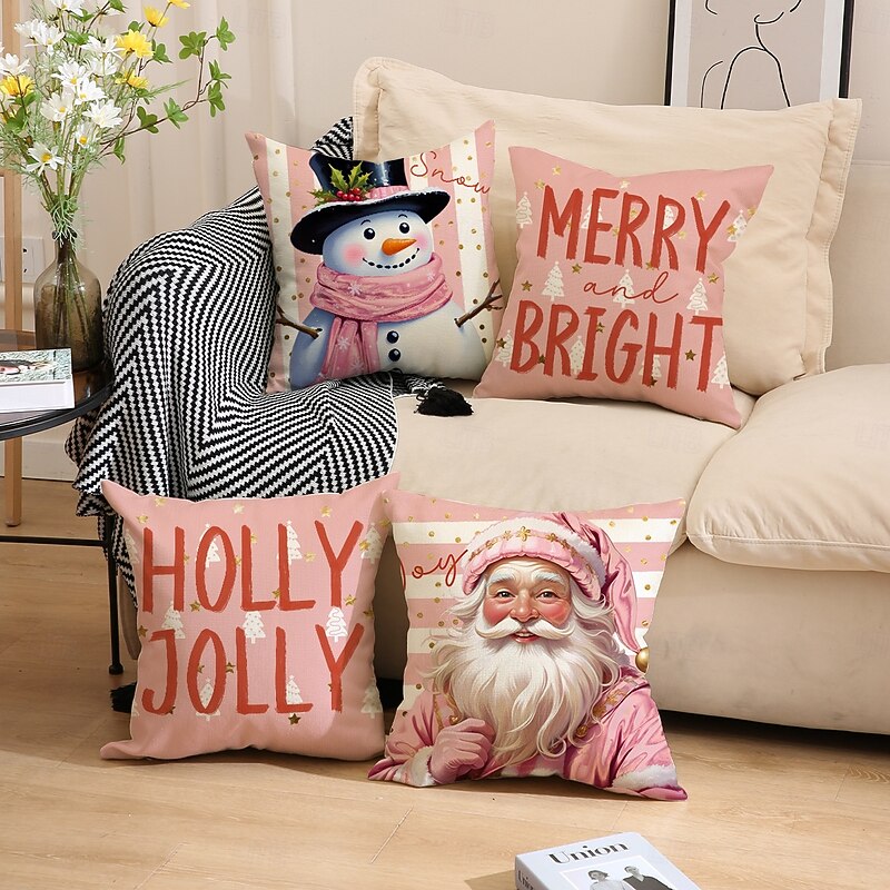 Hot Christmas Pillow Covers Set, Pink Snowman Print Decorative Linen Sofa Cushions, Durable & Stain-Resistant, Living Room Holiday Throw Pillows4