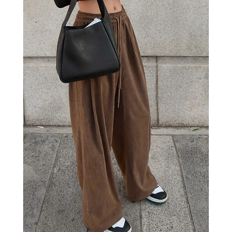 Women's Culottes Wide Leg Chinos Streetwear Casual Full Length Medium Waist Plain Drawstring Pocket Comfortable Micro-elastic Outdoor Vacation Street Brown Fall Winter Loose Fit3