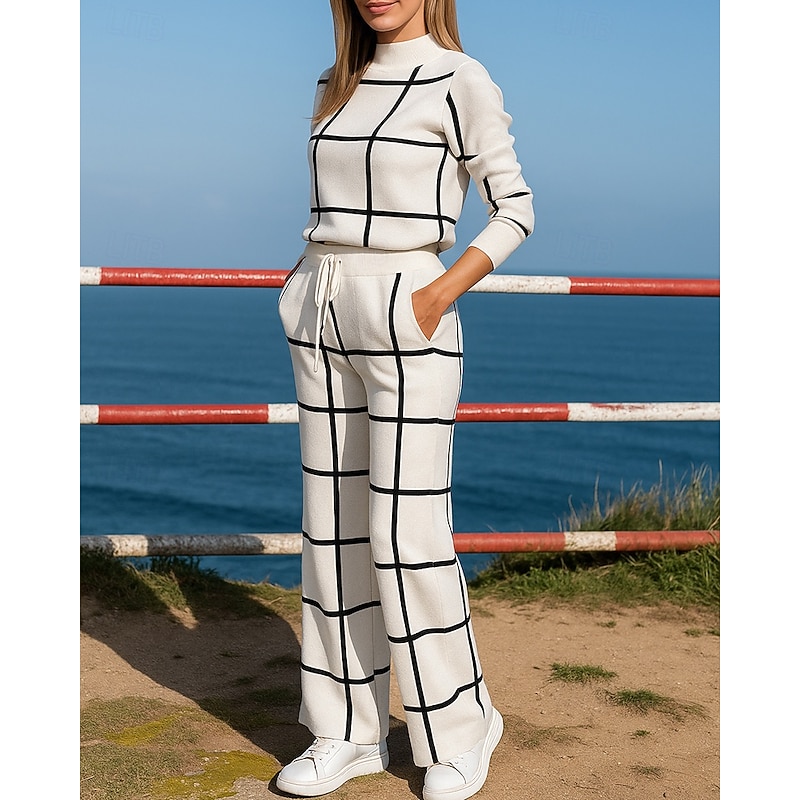 Women's Pullover Sweatsuit Sets 2 Piece Tracksuit Lounge Outfits  with Pocket Plaid Checkered Clothing Suit Fall White Green Hiking Vocation Outdoor Fashion Long Sleeve Sport Activewear Micro-elastic4