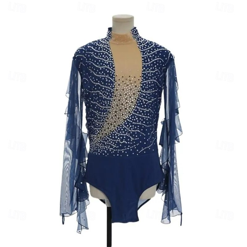 Figure Skating Top Men's Boys' Ice Skating Tops Navy Blue Patchwork Mesh Spandex High Elasticity Training Competition Skating Wear Classic Crystal / Rhinestone Long Sleeve Ice Skating Figure Skating