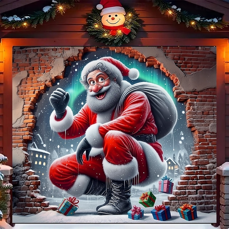 Christmas Garage Door Cover Winter Holiday Decoration Drapes with Santa Claus Delivering Gifts Print for Home Entryway Living Room Bedroom Indoor Outdoor Festive Seasonal Home Decor2