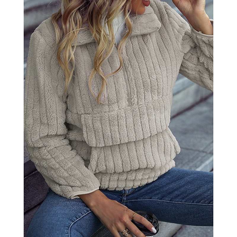 Women's Pullover Sweatshirt Plain Casual Long Sleeve Turtleneck Regular Tops Street Holiday Half Zipper Quarter Zipper Zipper Pocket Khaki Fall Winter4