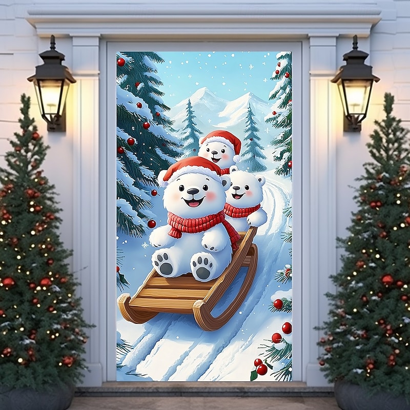 Christmas Door Cover Holiday Curtain Decoration Winter Theme Drapes Featuring Christmas Tree Polar Bear And Santa Hat Large Fabric Panel Festive Home Decor For Living Room Bedroom Entryway