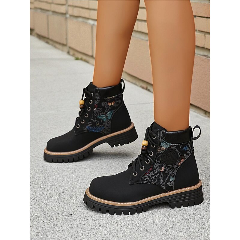 Women's Yellow Lace-Up Ankle Boots with Jacquard Fabric Panels – Fashion Hiking Style Shoes for Autumn, Winter & Outdoor Casual Outfits4