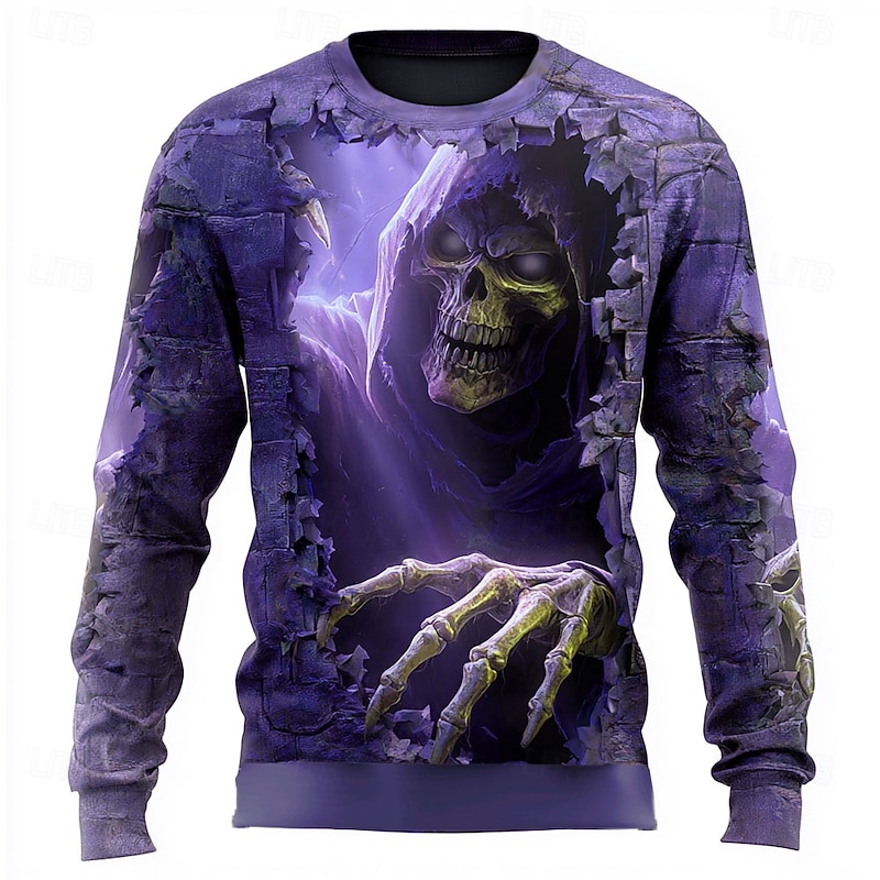 Halloween Men's 3D Devil Reaper Sweatshirt Punk Party Crew Neck Vacation Blue Purple Crewneck 3D All Seasons Designer2