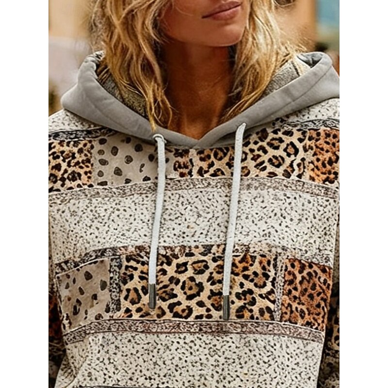 Women's Pullover Hoodies Leopard Striped Fashion Streetwear Casual Long Sleeve Hooded Regular Tops Dailywear Casual Drawstring Print Khaki Spring Fall3