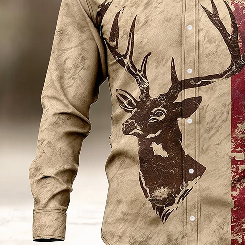 Men's Reindeer American US Flag Shirt Button Up Shirt Long Sleeve Vintage Retro Outdoor Camping & Hiking Hunting Spring Fall Turndown 3D Print Linen Like Shirt Light Khaki Khaki2