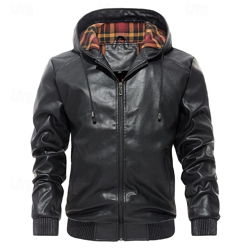 Men's Faux Leather Jacket Motorcycle Jacket Vacation Daily Windproof Warm Pocket Fall & Winter Plain Fashion Classic Hooded Regular Black Wine Brown Jacket2
