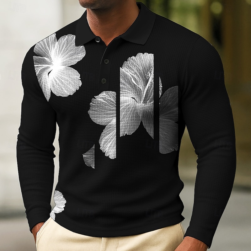 Men's Floral Waffle Polo Shirts Long Sleeve Polo Shirts Collared Shirts Casual Wear to work Daily Wear Buttons Spring Fall Winter Black White2