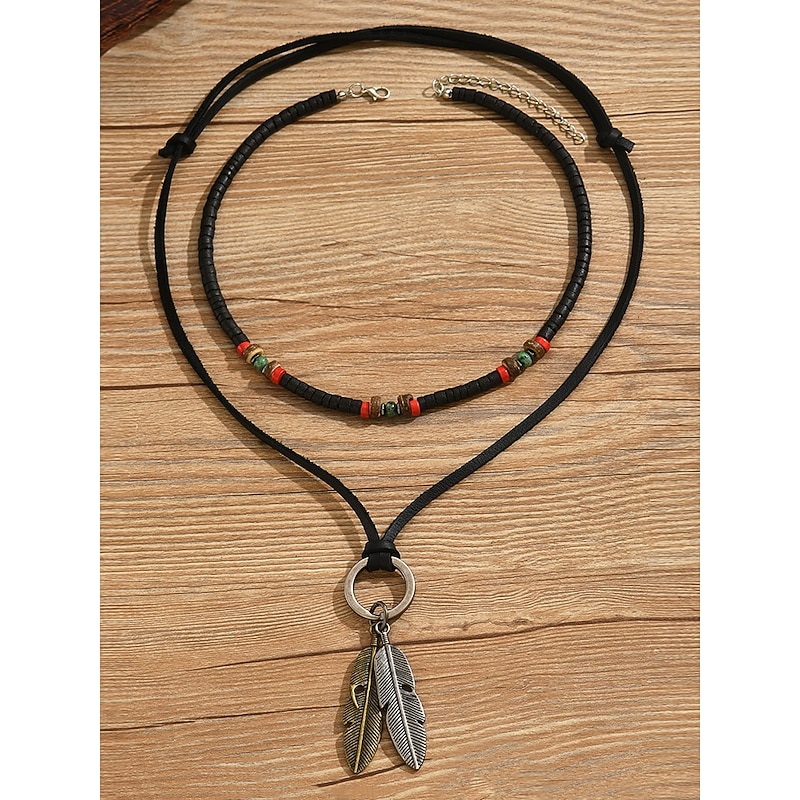 Men's Layered Feather Pendant Necklace, Adjustable Alloy Tribal Boho Choker Jewelry for Parties, Festivals and Casual Wear
