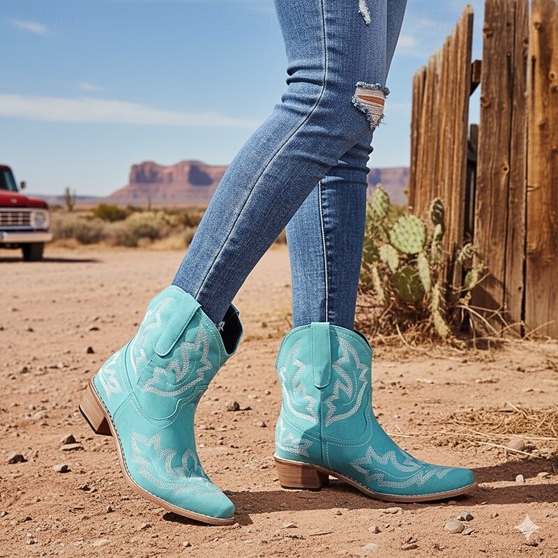 Women's Turquoise Western Cowboy Boots with Intricate Floral Embroidery, Perfect for Country-Themed Events and Casual Wear