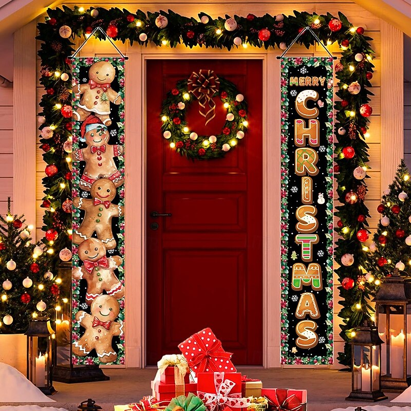 New Christmas Cartoon Gingerbread Leaf Series Door Couplets, Indoor and Outdoor Holiday Celebration Decoration, Festive Xmas Banner3