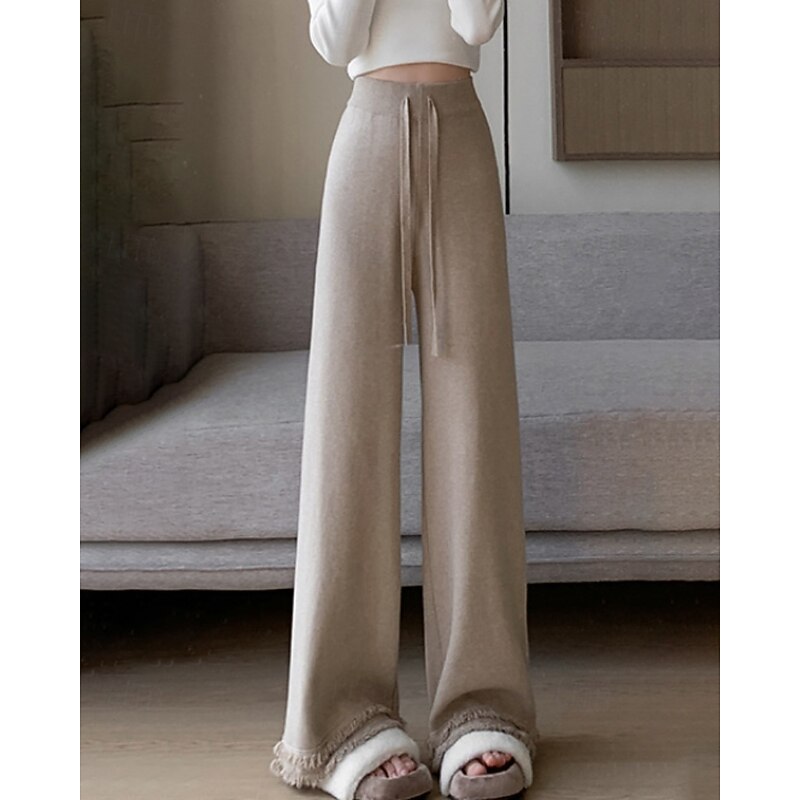 Women's Wide Leg Chinos Casual Full Length Mid Waist Plain Drawstring Elastic Drawstring Design Thermal Warm Micro-elastic Outdoor Casual Daily Weekend rice white Black Khaki Coffee Winter Loose Fit3