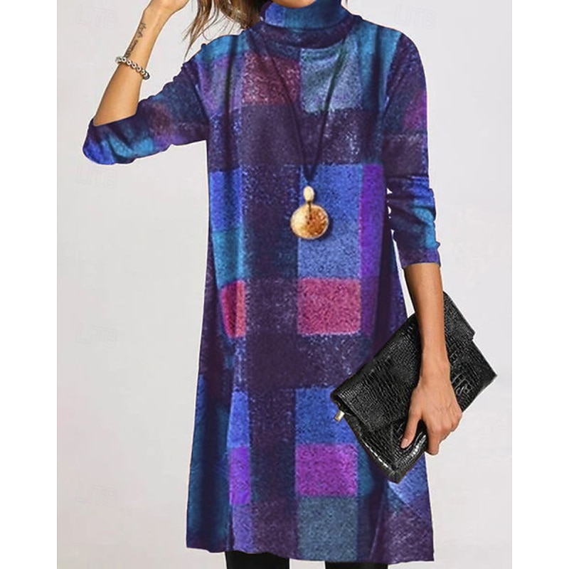 Women's Mini Dress Casual Dress Print Dress Vintage Modern Outdoor Vacation Daily Regular Fit Plaid Long Sleeve Turtleneck Light Green Blue Spring Fall4