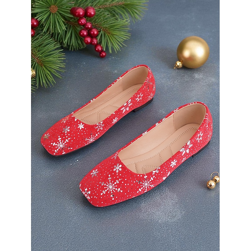 Women's Red Christmas Flats with Snowflake Print – Festive Holiday Party and Everyday Casual Shoes