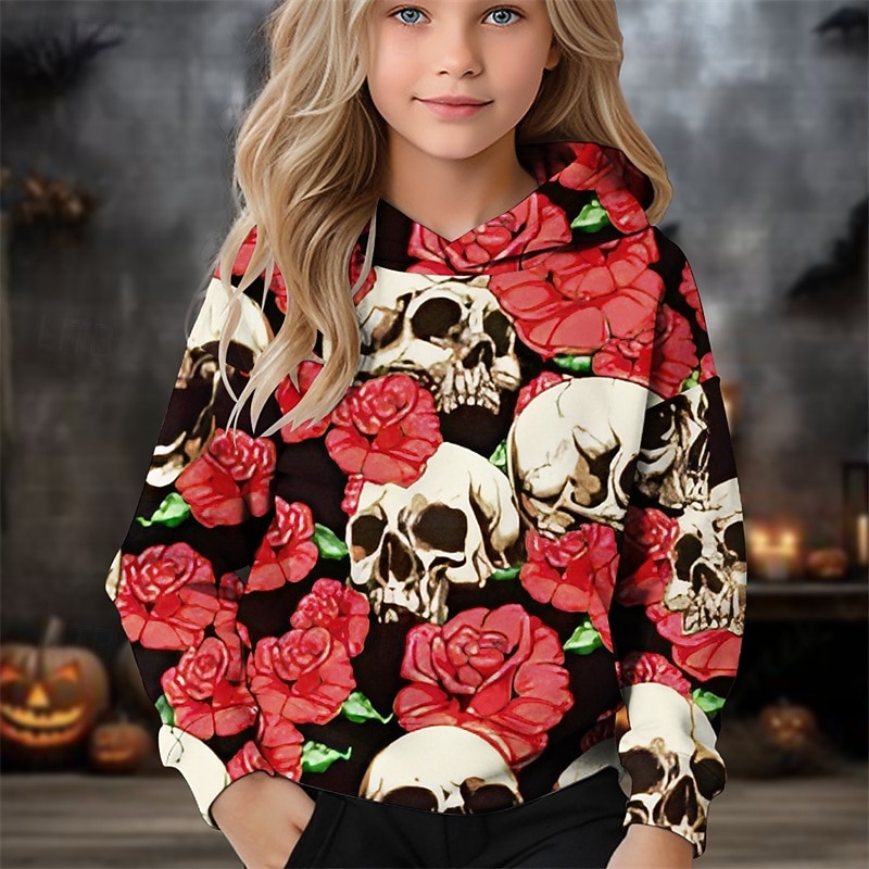 Halloween Girls' 3D Floral Skull Hoodie Long Sleeve Fall Winter Fashion Adorable Basic Kids 4-12 Years Hooded Outdoor Casual Daily Regular Fit