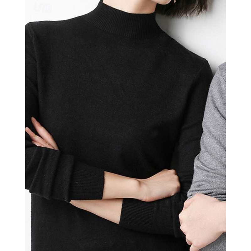 Women's Sweater Pullover Streetwear Casual Solid Color Stand Collar Knitted Long Sleeve Regular Tops Knit Daily Going out Weekend Black White Fall Winter2