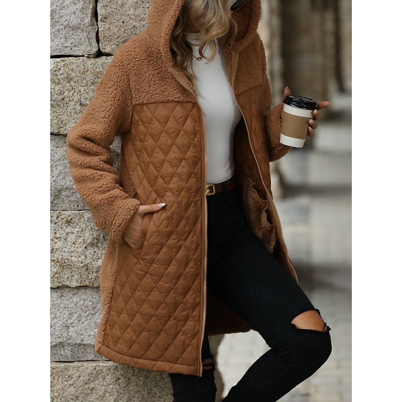 Women's Winter Coat Hoodie Jacket Comfortable Breathable Zipper Pocket Casual Plain Vacation Street Casual Daily Wear Zipper Long Hooded Regular Fit Long Sleeve Outerwear Black Camel Army Green2
