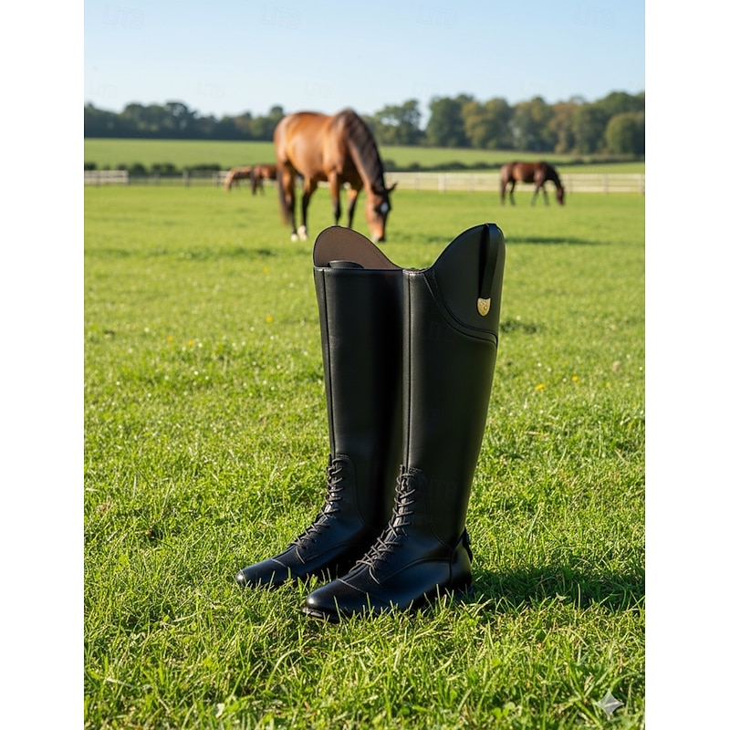 Women's Black Faux Leather Equestrian Riding Boots with Zipper Closure - Tall Knee-High Horseback Riding Boots for Outdoor and Casual Wear3