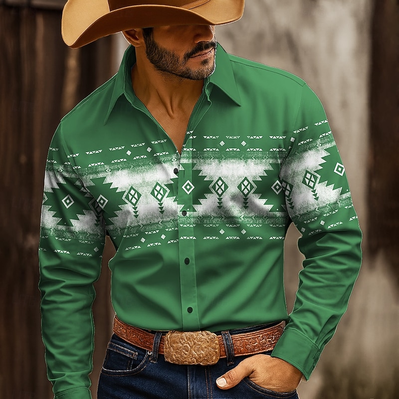 Men's Geometric Aztec Ethnic Shirt Western Shirt Cowboy Shirt Long Sleeve Vintage Retro Outdoor Camping & Hiking Hunting Spring Fall Turndown 3D Print Button Up Shirts White Burgundy Green3
