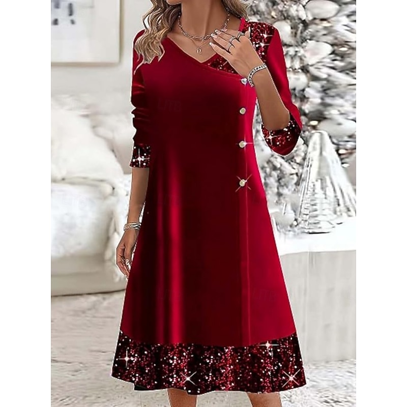 Christmas Women's Midi Dress A Line Dress Casual Daily Holiday Regular Fit Plain Long Sleeve V Neck Wine Royal Blue Green Fall Winter2