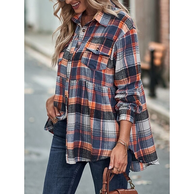 Women's Casual Jacket Shacket Comfortable Breathable Pocket Buttons Print Casual Plaid Vacation Street Casual Daily Wear Single Breasted Regular Turndown Regular Fit Long Sleeve Outerwear Yellow Pink4