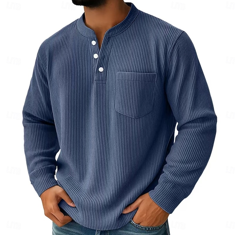 Men's Corduroy Shirt Henley Shirt Tee Long Sleeve Solid Color Plain Textured Fashion Designer Casual Pocket Buttons Henley Outdoor Casual Daily Summer Fall Winter Light Blue Navy Blue Green Henley