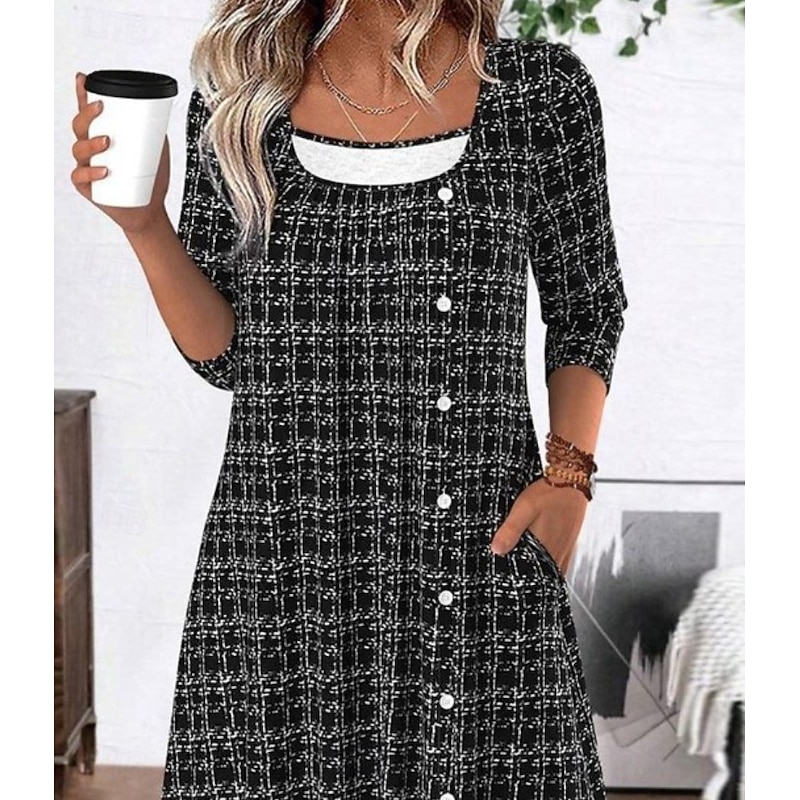 Women's Midi Dress Shift Dress Casual Daily Regular Fit Graphic Geometric Long Sleeve Square Neck Black Spring Fall Winter2