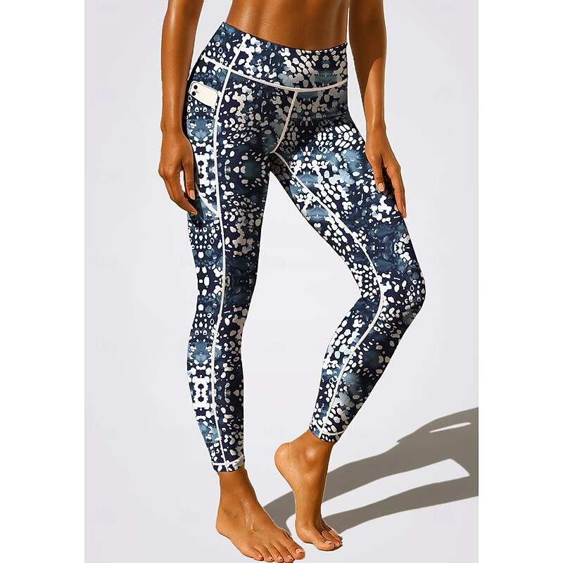 Women's Unisex pilates leggings fitness pants Gym Leggings Pockets Stamp Duty Side Pockets Pilates Gym Gym Workout Pants Tights Leggings Polka Dot Abstract Geometry Black+White+Navy Blue Sports2
