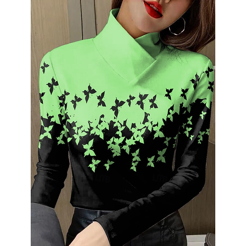 Women's T Shirt Graphic Butterfly Elegant Vintage Stylish Long Sleeve High Neck Asymmetric Neck Regular Tops Daily Print White Blue Purple Green Khaki Spring Fall Winter4