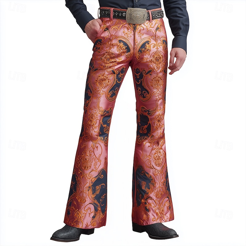 Men's Paisley Floral Print Ethnic Disco Pants 60s 70s Bell Bottoms Mid Waist Western Vintage Retro Outdoor Vacation Casual Side Pockets Flared Leg Pants Trousers Spring Fall 3D Print Pink
