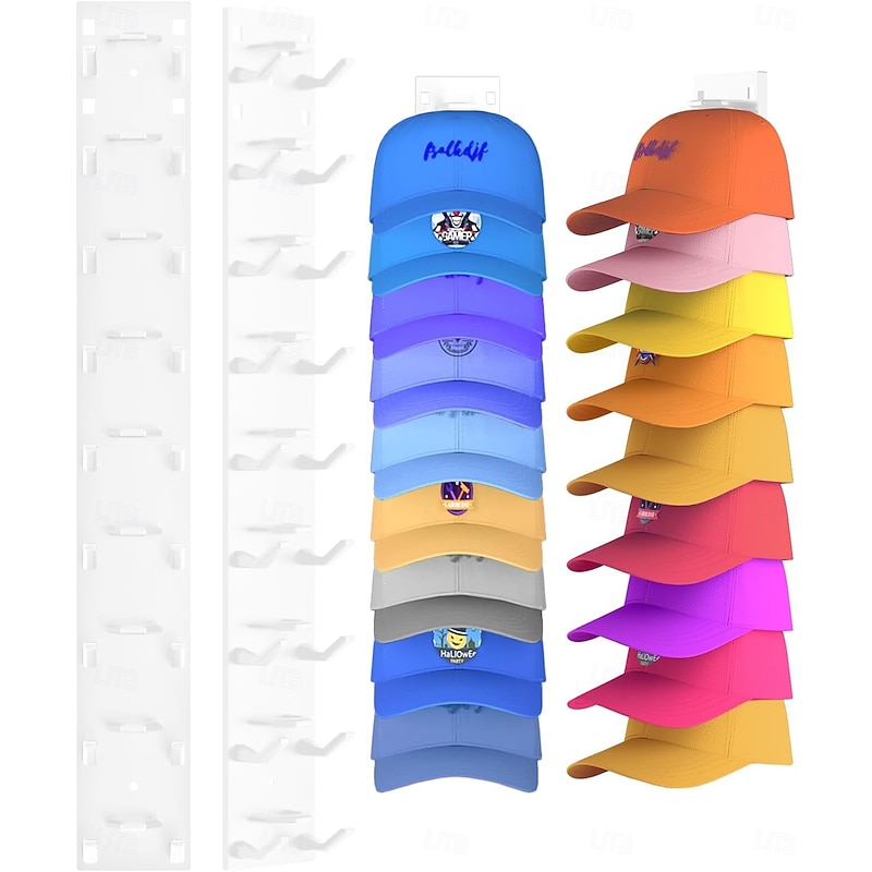 2 Pack Hat Organizer for Baseball Caps, Strong Adhesive Hat Rack for Wall, Multilayer Hat Storage Display Holder, Wall Mounted Hat Hooks Hold up to 18 Hats for Closet Door and Bedroom2
