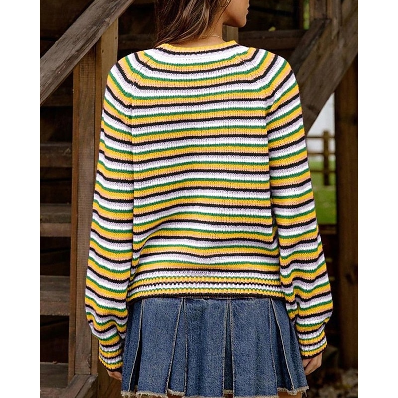 Women's Sweater Pullover Fashion Casual Striped Ribbed Crew Neck Knitted Long Sleeve Regular Tops Knit Outdoor Daily Weekend Yellow Fall Winter2
