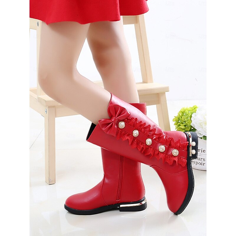 Girl's Red Knee High Boots with Bow and Lace Trim - Elegant Pearl Button Christmas Party Shoes for Kids Holiday Outfits2