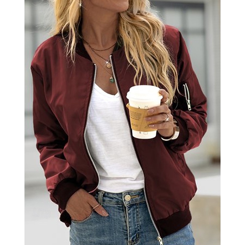 Women's Jacket Casual Jacket Comfortable Zipper Fashion Casual Plain Vacation Casual Daily Wear Going out Short Regular V Neck Regular Fit Long Sleeve Outerwear Black Wine Dark Green Fall Winter