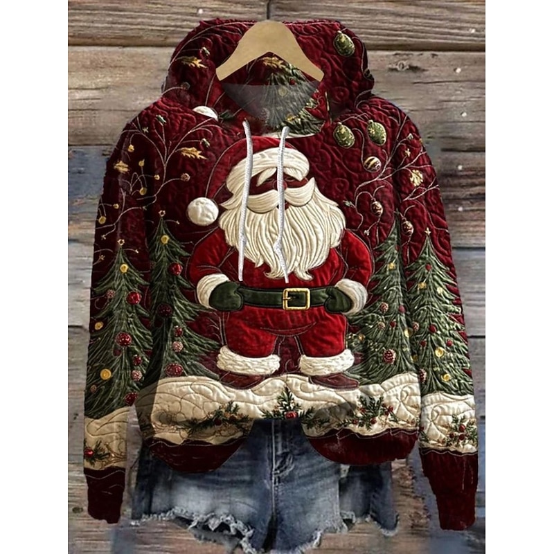 Women's Pullover Hoodie Sweatshirt Graphic Santa Claus Punk Active Vintage Long Sleeve Hooded Regular Tops Street Dailywear Print Front Pocket Wine Red Red White Spring Fall Winter