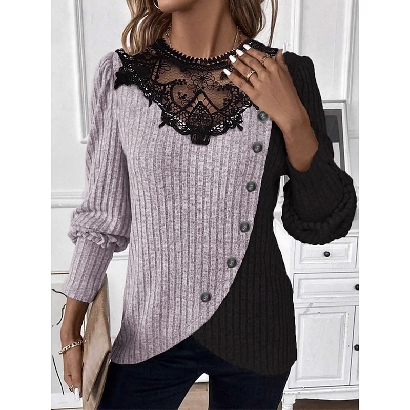 Women's Blouse Solid Color Stylish Casual Long Sleeve Crew Neck Regular Tops Daily Lace Patchwork Pink Green Gray Spring Fall Winter