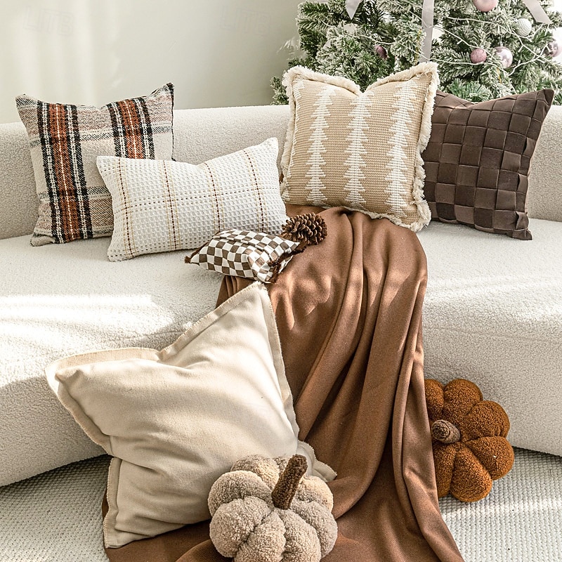 Nordic Christmas Style Beige and Brown Plaid Throw Pillow, Decorative Cushion for Living Room, Bedroom, Lumbar Pillow, Pumpkin Accent Pillow3