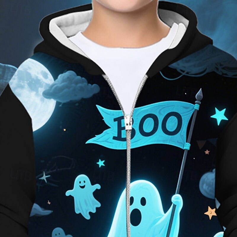Halloween Boys' 3D Cartoon Ghost Hoodie Coat Outerwear Long Sleeve Spring Fall Adorable Sport Kids 4-12 Years Zip Street Daily Regular Fit2