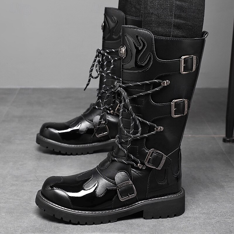 Men's Black Gothic Combat Boots – Tall Lace-Up Motorcycle Boots with Buckle Straps and Rugged Sole for Halloween, Cosplay and Rock Concerts2
