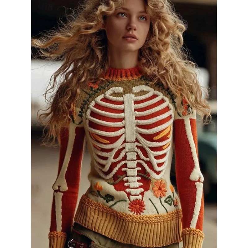 Halloween Women's Sweater Skeleton  Cute Streetwear Casual Graphic Skeleton Crew Neck Patchwork Knitted Long Sleeve Regular Tops KnitRed Beige Fall Winter