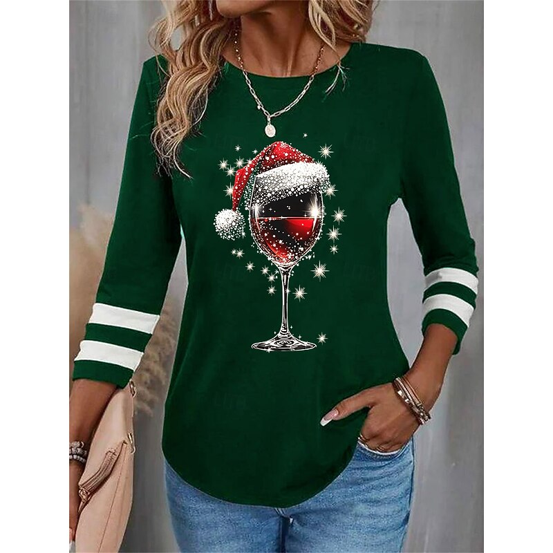 Christmas Women's T Shirt Graphic Wine Glass Vintage Fashion Stylish Long Sleeve Crew Neck Round Neck Regular Tops Daily Weekend Print Black Wine Blue Purple Green Fall Winter3