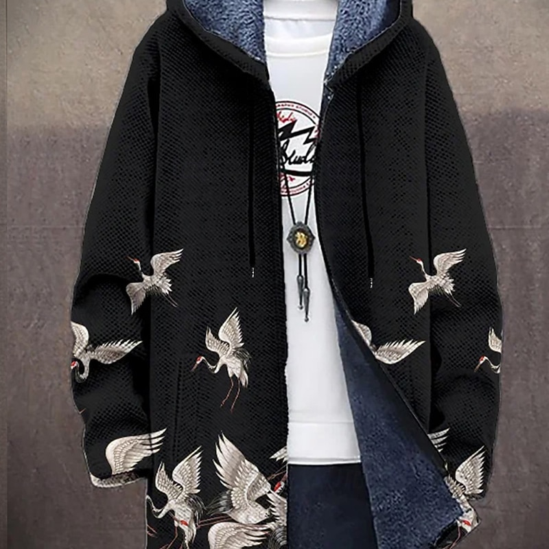 Men's Animal Patterned Winter Coat Fleece Jacket Coat Thermal Warm Comfortable Casual Daily Wear Zipper Pocket 3D Print Fall Winter Hooded Long Sleeve Black2