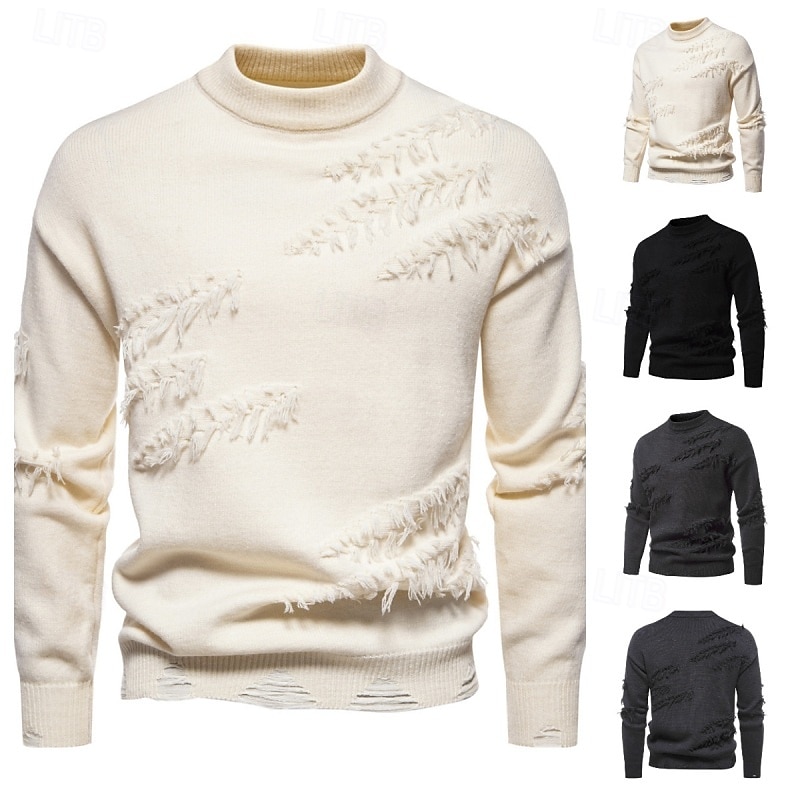 Men's Sweater Pullover Sweater Jumper Ribbed Knit Regular Tops Tassel Fringe Knitted Plain Crew Neck Knitwear Streetwear Casual Daily Wear Clothing Apparel Fall Black Beige S M L