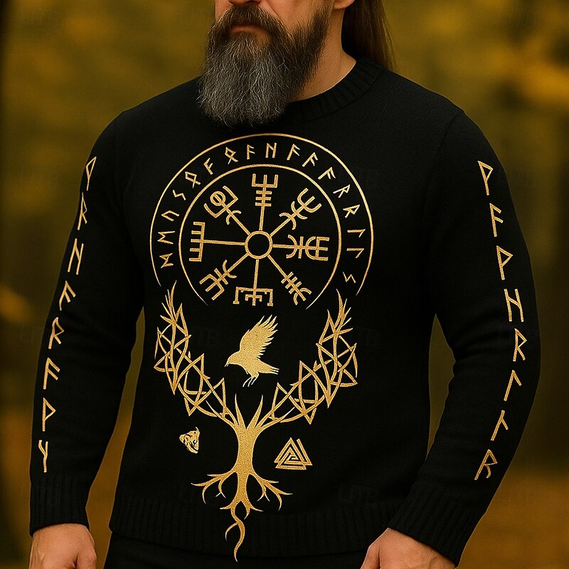Men's Viking Pullover Sweater Jumper Knitwear Crewneck Retro Vintage Casual Vacation Daily 3D Print Keep Warm Long Sleeve Spring Fall Winter Dark Brown Black