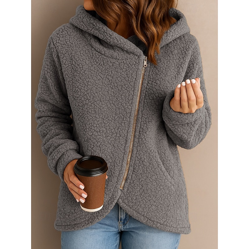 Women's Zip Up Hoodies Teddy Casual Long Sleeve Hooded Regular Tops Zipper Pink Blue Orange Gray Fall Winter3