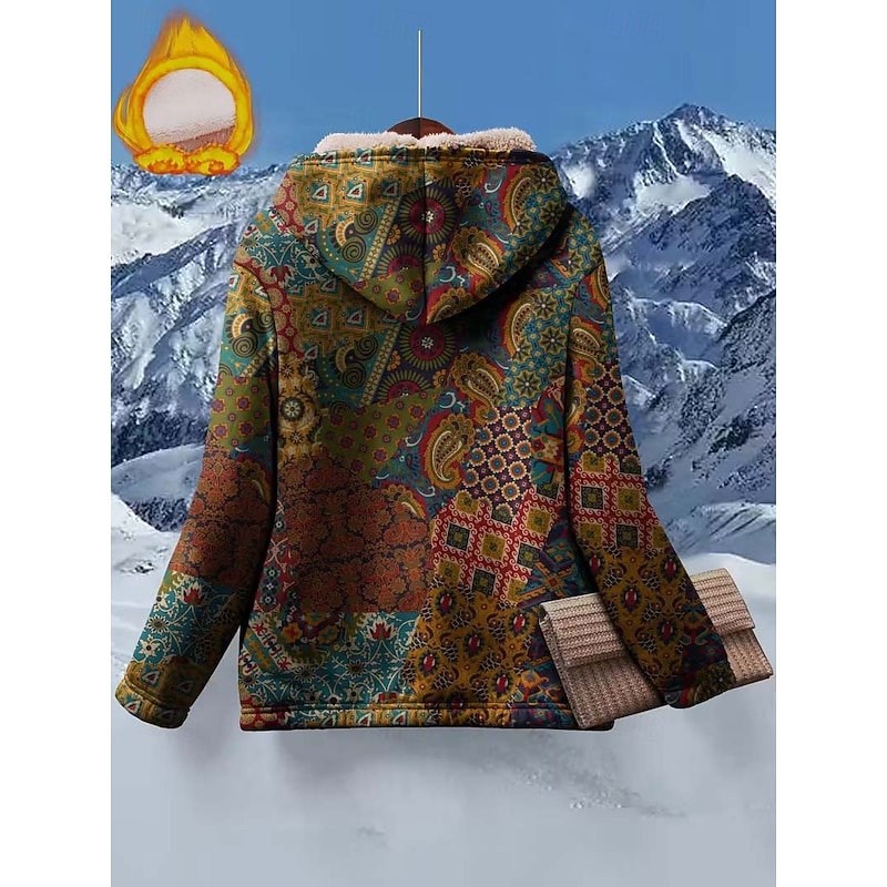 Women's Zip Up Hoodies Floral Graphic Geometric Warm Active Vintage Long Sleeve Hooded Regular Tops Home Work Party Evening Wear Zip Up Patchwork Zipper Black Spring Fall Winter2