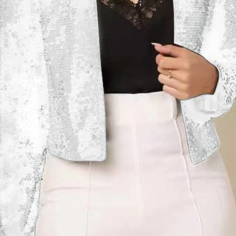 Women's Casual Jacket Comfortable Breathable Sequin Fashion Daily Plain Outdoor Casual Daily Short Collarless Regular Fit Long Sleeve Outerwear Silver Spring Fall3