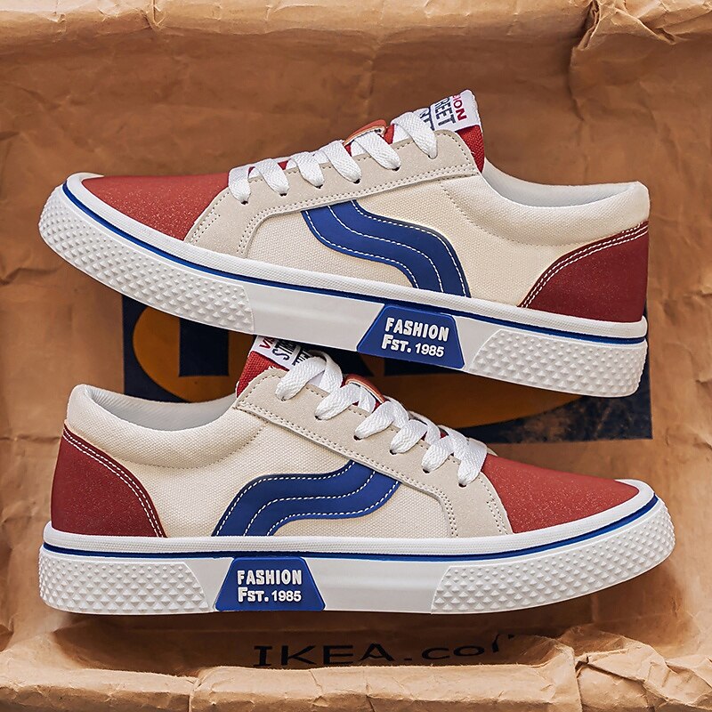 Men's Red and Beige Lace-Up Sneakers – Retro Low Top Casual Sport Shoes with Blue Stripe Design for Youth Fashion, Campus, Travel and Outdoor Activities4